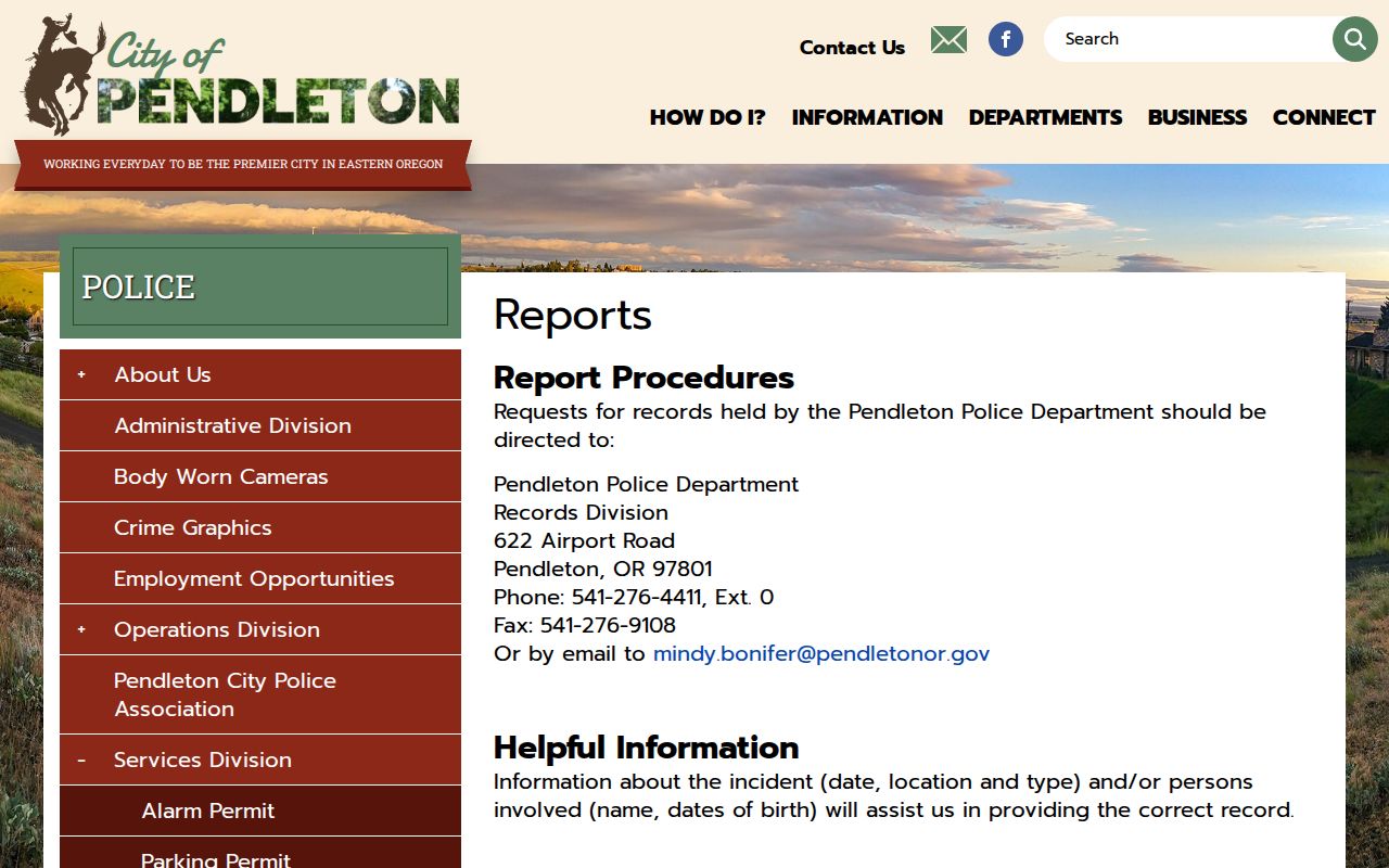 Pendleton criminal record request and police report fees