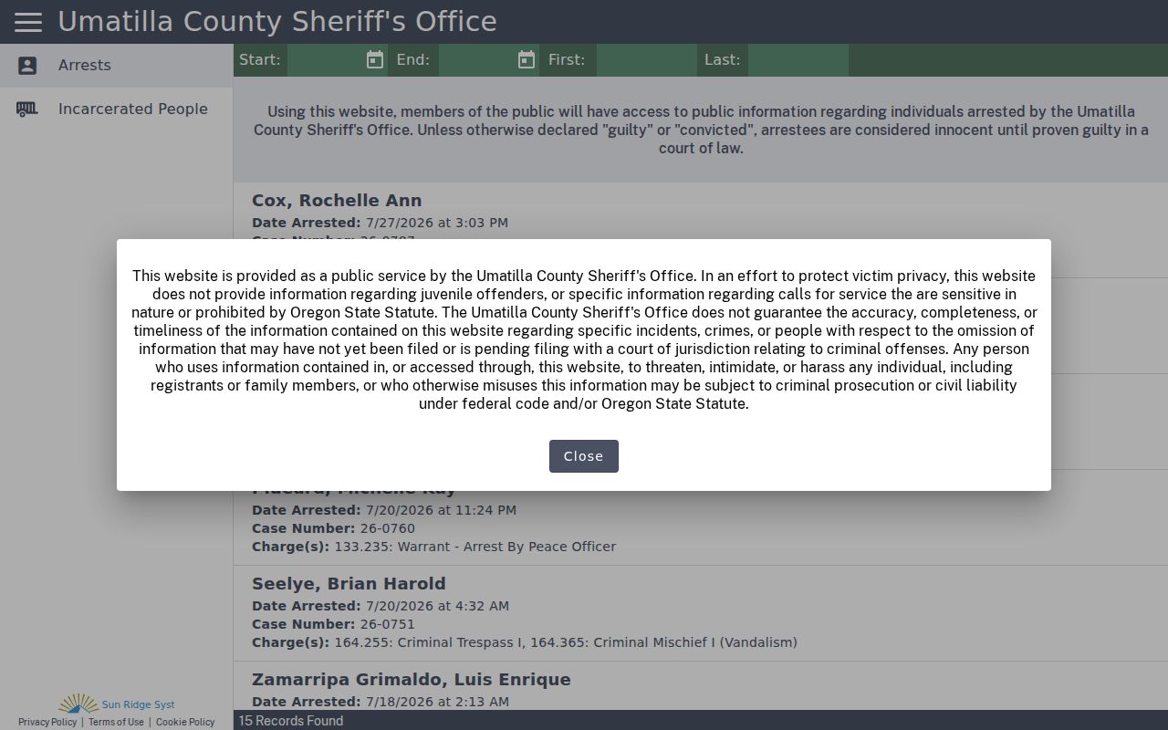 Umatilla County recent arrest search in CitizenRIMS