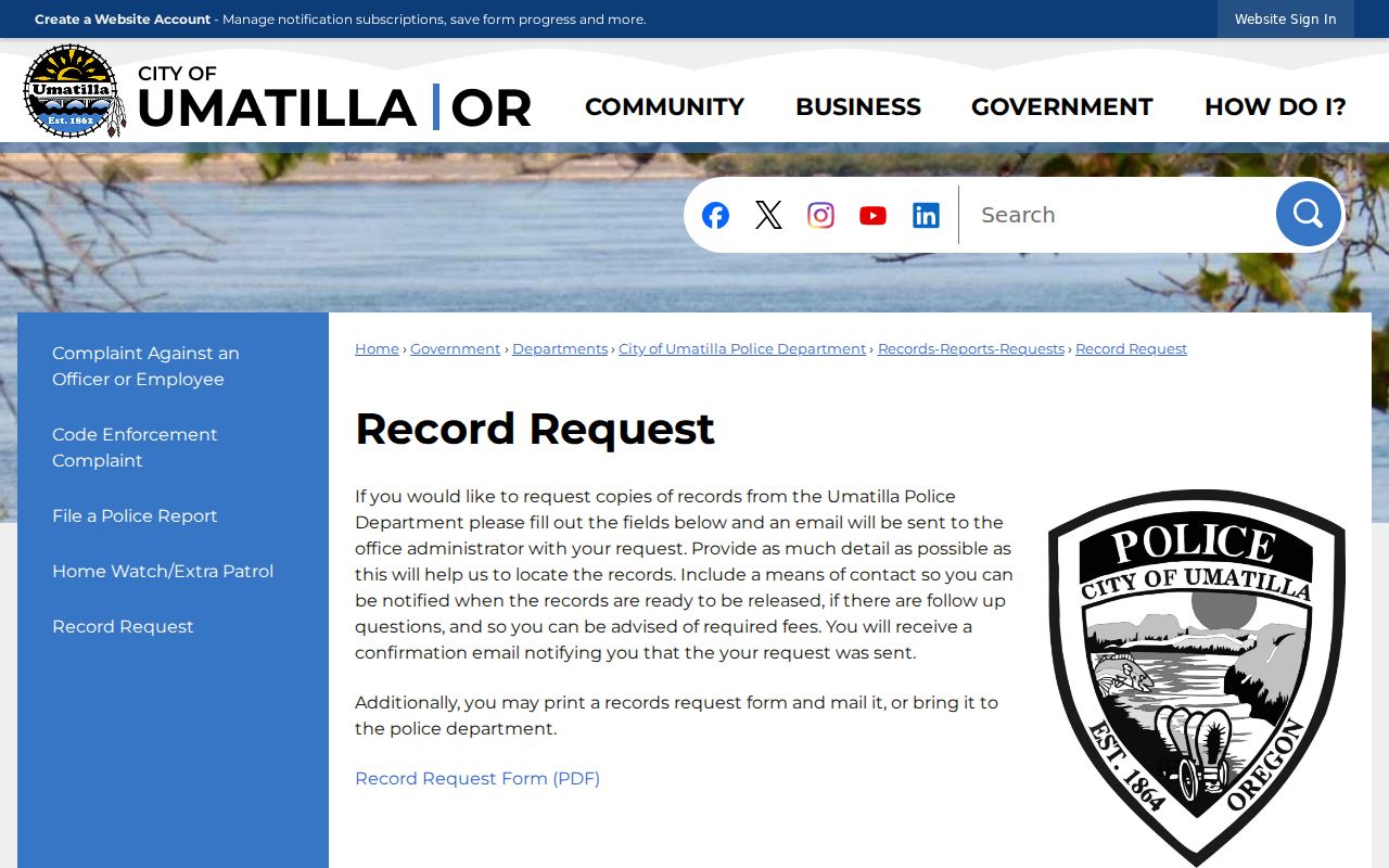 Umatilla criminal record request form fields and submission