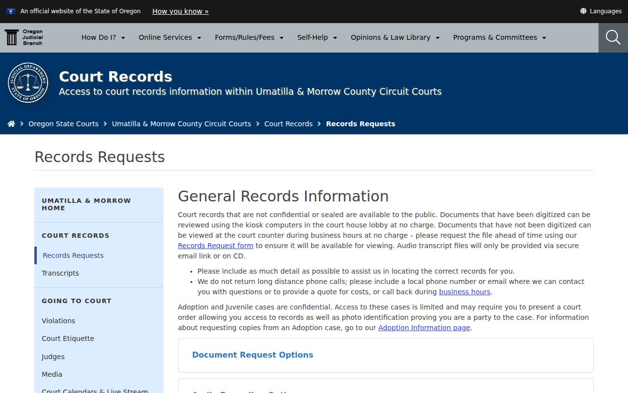 Umatilla County court case records request and copy options
